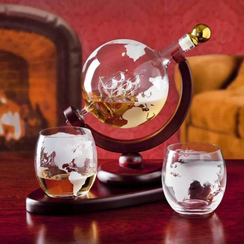 Decanter Whisky Globo Terrestre de Vidro + 2 Copos Mapa Mundi