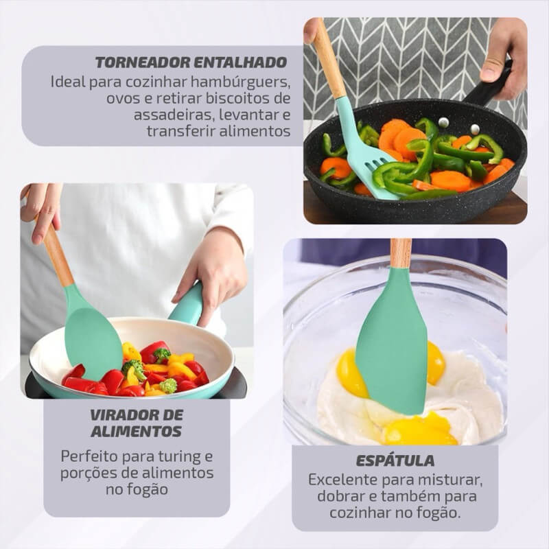 Kit Jogo 12 Peças Utensílios de Cozinha Silicone