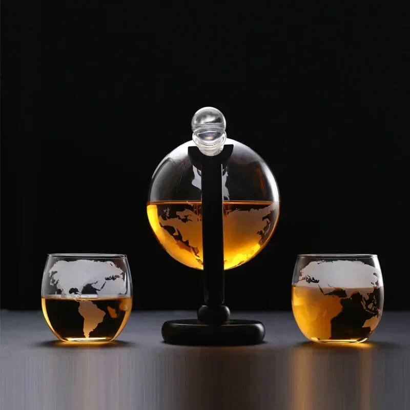 Decanter Whisky Globo Terrestre de Vidro + 2 Copos Mapa Mundi