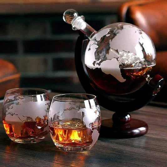 Decanter Whisky Globo Terrestre de Vidro + 2 Copos Mapa Mundi - Utilidades Casa